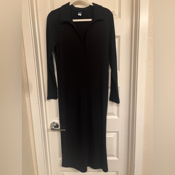 Old Navy Black Fitted Rib-Knit Midi Polo Dress, Women’s Size Large - Picture 3 of 6